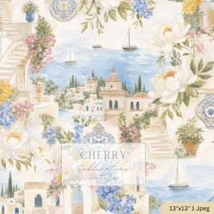 Könnte beinhalten: Ein Aquarellmuster mit einer mediterranen Küstenlandschaft mit weißen Gebäuden, Segelbooten und floralen Akzenten. Das Design enthält den Text "CHERRY Sublimations Patterns". Die Farbpalette umfasst Blau-, Weiß-, Beige- und Rosatöne.