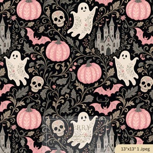 Pink Halloween Seamless Pattern | Gothic Floral Ghost Pumpkin Bat Skull Digital Paper | Spooky Cottagecore Surface Design for Fabric POD