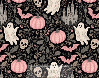 Pink Halloween Seamless Pattern | Gothic Floral Ghost Pumpkin Bat Skull Digital Paper | Spooky Cottagecore Surface Design for Fabric POD