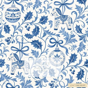 Könnte beinhalten: Ein nahtloses digitales Muster mit blau-weißen Illustrationen von Weihnachtskugeln, Dala-Pferden und Stechpalmenblättern mit Beeren. Das Design enthält den Text CHERRY Sublimation Patterns und ein Etikett mit 33cm x 33cm 1 Jpeg 300 DPI.