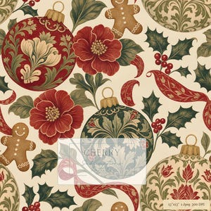 May include: A seamless digital pattern featuring red and green Christmas baubles, gingerbread men, red flowers, holly leaves, and berries on a cream background. The image includes a watermark with the text CHERRY Sublimations Patterns.