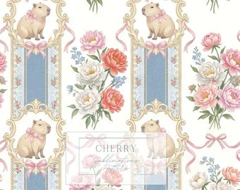 Floral Capybara Stripe Seamless Pattern, Vintage Bow Digital Paper JPEG