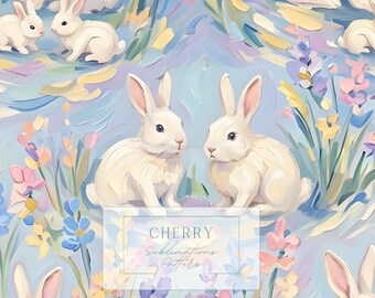 Bunny Floral Seamless Pattern JPEG, Pastel Rabbit Digital Paper for Fabric and Nursery Crafts