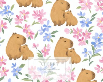 Capybara Mom and Baby Floral Seamless Pattern, Pink Blue Digital Paper JPEG