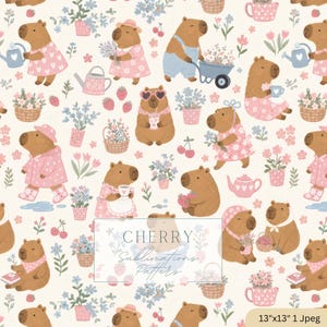 Könnte beinhalten: Ein sich wiederholendes Muster mit Cartoon-Wasserschweinen in verschiedenen Outfits, umgeben von Blumen, Erdbeeren und Gießkannen. Die Wasserschweine sind in rosa Kleidern, Overalls und Hüten dargestellt. Der Text "CHERRY Sublimations Patterns" befindet sich in einem weißen Rechteck.
