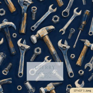 Op de afbeelding: Een herhalend patroon van handgereedschap, waaronder moersleutels, hamers, moeren en bouten, op een donkerblauwe achtergrond. De gereedschappen zijn geschilderd in tinten zilver, bruin en blauw. De tekst "CHERRY Sublimation Patterns" is zichtbaar.