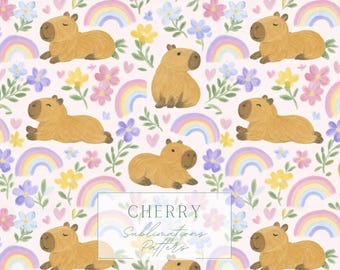 Capybara Seamless Pattern, Pastel Rainbow Floral, Kawaii Animal Digital Paper (JPEG)