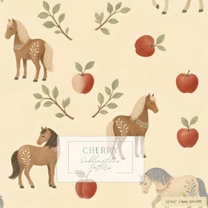 May include: A digital pattern featuring brown and cream horses with floral markings, red apples, and green leafy branches on a light beige background. A central white box contains the text CHERRY Sublimations Pattern and 13"x13" 1 Jpeg 300 DPI.