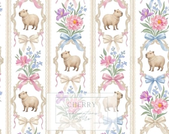 Vintage Capybara Floral Stripe Seamless Pattern, Coquette Bow Digital Paper JPEG