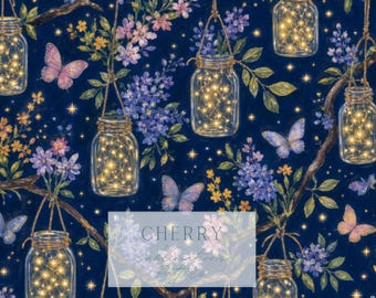Cottagecore Mason Jar Laternen Musterdesign, Nachtgarten Blumen Schmetterlinge (Digitaler Download)