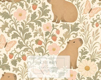 Capybara Seamless Pattern in Morris Style for Baby, Strawberry Botanical Digital Paper JPEG