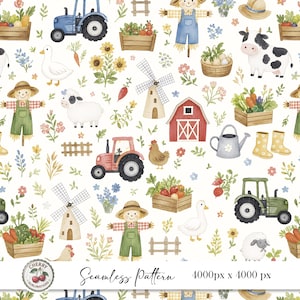 May include: A watercolour seamless pattern with farmyard illustrations. The design includes tractors, scarecrows, windmills, barns, and farm animals such as cows, sheep, chickens, and ducks, plus vegetables and flowers on a white background.