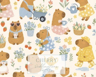 Capybara Garden Seamless Pattern, Spring Floral Digital Paper, Kawaii Animal Sublimation Design (Digital Download)