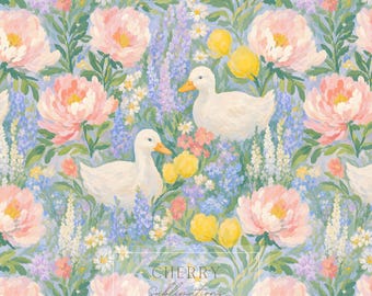 Duck Floral Seamless Pattern | Painterly Peony Wildflower Garden Design | Digital Download for Fabric Wallpaper POD Surface Design