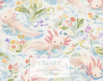 Axolotl Seamless Pattern Pastel Painterly Floral Nursery Fabric Digital Download JPEG