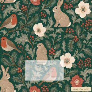 Peut inclure: Un motif numérique avec des lapins bruns, des rouges-gorges, des fleurs blanches et des baies rouges sur fond vert foncé. Une superposition semi-transparente affiche le texte CHERRY Sublimations et 13x13 1 Jpeg 300 DPI.