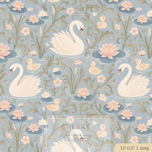 Schwan & Enten Muster | Vintage botanische Seerose Blumen | Cottagecore Kinderzimmer Stofftapete Oberflächendesign Download