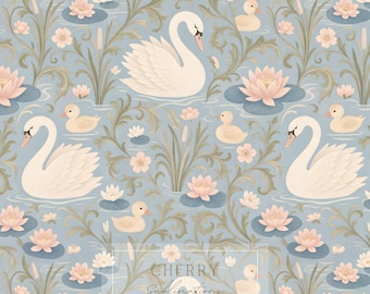 Swan & Duckling Seamless Pattern | Vintage Botanical Water Lily Floral | Cottagecore Nursery Fabric Wallpaper Surface Design Download