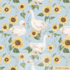 May include: A repeating pattern on a light blue background featuring white geese with orange beaks and yellow sunflowers with green leaves. The design includes the text Cherry Patterns and a label stating 33.02 cm x 33.02 cm 1 Jpeg.