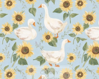 White Goose Sunflower Pattern | Cottagecore Floral Seamless Repeat | Fabric Wallpaper POD Surface Design Blue Sky Duck Goose Print