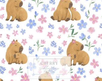 Mother Baby Capybara Floral Seamless Pattern, Pink Blue Nursery Digital Paper JPEG