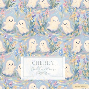Può includere: Un motivo ripetuto con illustrazioni di fantasmi sorridenti in mezzo a fiori colorati su sfondo azzurro. Il testo "CHERRY Sublimations Patterns" è visualizzato in un rettangolo bianco. L'immagine misura 33 x 33 cm.