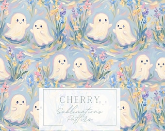 Pastel Ghost Floral Seamless Pattern | Oil Paint Style Halloween Digital Paper (JPEG)