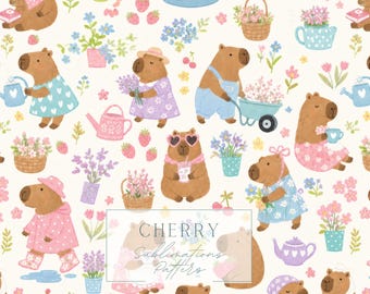 Cottagecore Capybara Garden Pattern | Pastel Animal Seamless Digital Paper (JPEG)