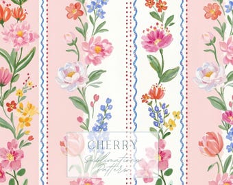 Vintage Floral Stripe Seamless Pattern, Cottagecore Botanical Digital Paper (JPEG)
