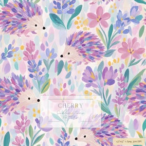 Hedgehog Floral Seamless Pattern | Pastel Purple Pink Watercolor Digital Paper | Nursery Fabric Design Download for Sublimation POD