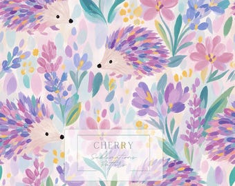 Hedgehog Floral Seamless Pattern | Pastel Purple Pink Watercolor Digital Paper | Nursery Fabric Design Download for Sublimation POD