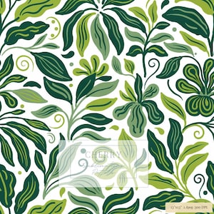 Könnte beinhalten: Ein nahtloses digitales Muster mit stilisierten botanischen Blättern und Blumen in dunklen und hellen Grüntönen auf weißem Grund. Ein rechteckiges Overlay enthält den Text CHERRY Sublimations Patterns. Ein Etikett zeigt 33 cm x 33 cm 1 Jpeg 300 DPI.