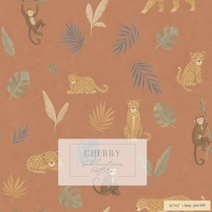Pode incluir: Um padrão digital com macacos castanhos e leopardos manchados intercalados com várias folhas tropicais verdes e azuis sobre um fundo terracota. Uma etiqueta retangular central exibe o texto CHERRY Sublimations Pattern.