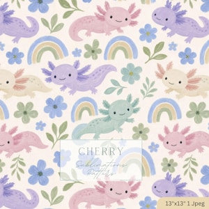 May include: A repeating pattern featuring colorful axolotls, rainbows, flowers, and leaves. The axolotls are in shades of pink, purple, and green. The flowers are blue and green, and the rainbows have pastel colors. The text "CHERRY Sublimations Patterns" is in a white rectangle.