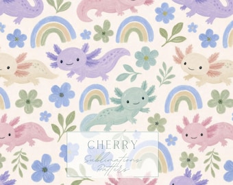 Axolotl Rainbow Seamless Pattern, Pastel Whimsical Kids Digital Paper (JPEG)