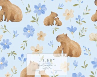 Capybara Family Floral Seamless Pattern, Blue Boy Nursery Digital Paper JPEG