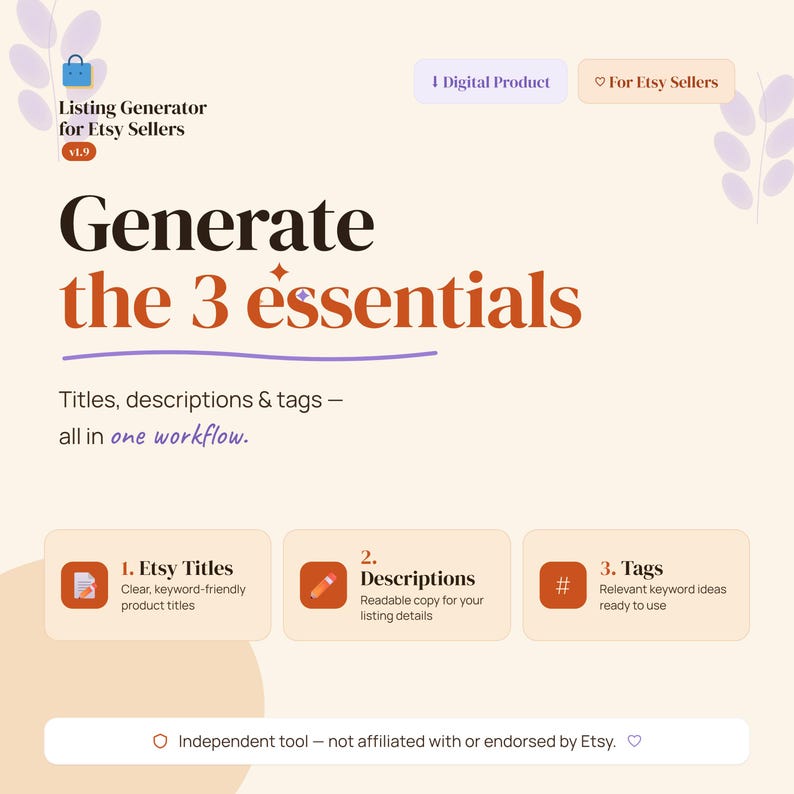 May include: A digital product advertisement for Etsy sellers. The image features the text "Generate the 3 essentials" with sections for titles, descriptions, and tags. The design is in shades of beige, brown, and purple, with icons representing each section.