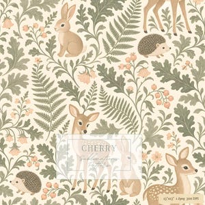 Könnte beinhalten: Ein nahtloses digitales Muster mit Illustrationen von Rehen, Hasen und Igeln zwischen salbeigrünen Eichenblättern, Farnen und blasspfirsichfarbenen Beeren auf cremefarbenem Grund. Text: CHERRY Sublimations Patterns und 13"x13" 1 jpeg 300 DPI.