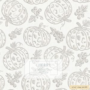 Puede incluir: Un patrón digital continuo con ilustraciones de líneas de calabazas con manchas de leopardo y racimos de bayas sobre un fondo blanco. El centro incluye el texto CHERRY Sublimations Patterns y 13x13 1 Jpeg 300 DPI.