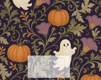 Halloween Floral Seamless Pattern | Gothic Pumpkin Ghost William Morris Style | Fabric Wallpaper POD Surface Design Digital Download9
