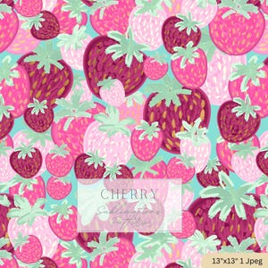 Może przedstawiać: Żywy wzór z wystylizowanymi truskawkami w odcieniach różu i bordo z zielonymi liśćmi, na jasnoniebieskim tle. Tekst "CHERRY Sublimations Pattern" jest nałożony na projekt.
