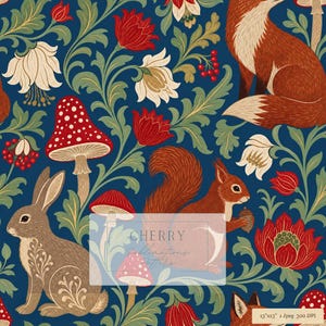 May include: A seamless pattern on a dark blue background featuring a fox, a squirrel, a rabbit, red and white mushrooms, and floral elements. The text CHERRY SUBLIMATIONS is visible in the center, and 13"x13" 1 Jpeg 300 DPI is in the corner.