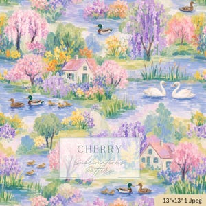 May include: A watercolor-style pattern featuring a serene landscape with a river, houses, trees, and ducks. The color palette includes pink, purple, green, and blue hues. The text "CHERRY Sublimations Patterns" is displayed in a white rectangle.