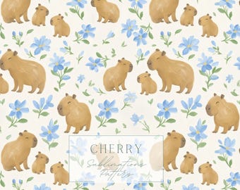 Capybara Floral Seamless Pattern with blue flowers, capybara image for fabrics baby nursery