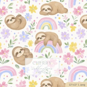May include: A repeating pattern featuring watercolor sloths, rainbows, and flowers in pastel colors. The sloths are brown and smiling, with the text "CHERRY Sublimations Patterns" in a white rectangle. The background is white.