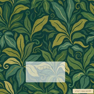 May include: A seamless digital pattern featuring overlapping botanical leaves in shades of dark forest green, olive, and lime. A semi-transparent rectangular overlay displays the text CHERRY Sublimations Pattern. A label indicates 13x13 inches.