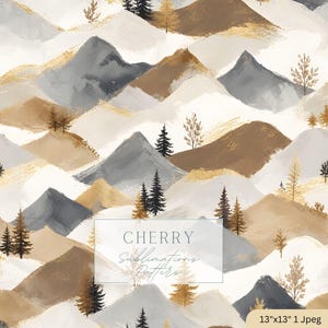 May include: An abstract landscape pattern with stylized mountains in grey, brown, and gold, and small evergreen trees. The design includes the text "CHERRY Sublimations Patterns" and is labeled as 33cm x 33cm 1 Jpeg.