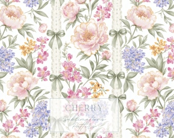 Watercolor Peony Floral Seamless Pattern, Coquette Lace Bow Digital Paper, Romantic Cottagecore Design Download