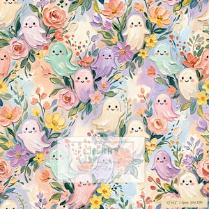 Op de afbeelding: Een naadloos patroon met kleine, lachende spookjes in pasteltinten zoals roze, paars, mintgroen en crème, afgewisseld met kleurrijke bloemen en groene bladeren. De tekst CHERRY Sublimations Letters staat in het midden en 13x13 1 jpeg 300 DPI in de hoek.