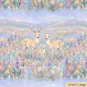May include: A digital illustration featuring a family of deer in a field of pastel-colored wildflowers with mountains in the background. The text "CHERRY Sublimations Patterns" is centered, and the image includes the text "13"x13" 1 Jpegs".